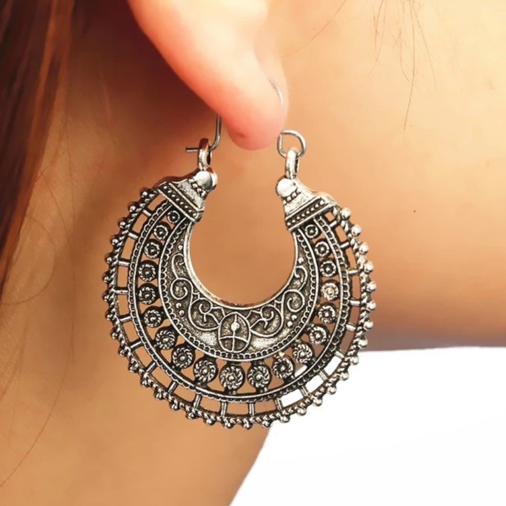 New Wildflower Wander Mandala Antique Sterling Silver Hollow Out Hoop Earrings - Picture 9 of 16